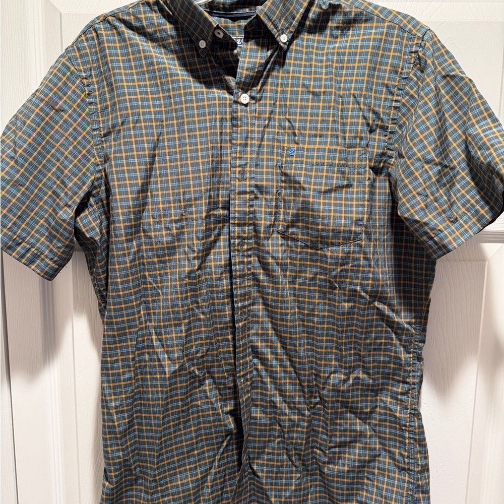 Men's Green, Blue, and Yellow Izod Plaid Shirt